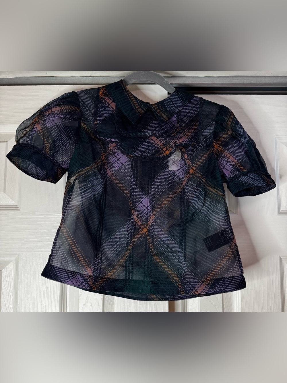 Maeve by Anthropologie Black Purple and Orange Plaid Sheer Blouse - Size XXS NWT - Picture 2 of 5